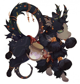 accessory ambiguous_gender black_body black_fur chibi container feral fire floral_markings flower fur furgonomics green_eyes hair_accessory horn inner_ear_fluff jar jewelry markings plant red_scarf scarf solo tail tail_accessory tail_jewelry tuft diesel_wiesel mythology arthropod butterfly dragon insect lepidopteran mythological_creature mythological_scalie scalie hi_res