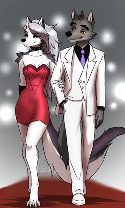 4_toes anthro arm_tuft barefoot biped black_clothing black_shirt black_topwear bottomwear breasts brown_body brown_fur claws clothed clothing collar digitigrade dress duo ear_piercing ear_ring eyebrow_piercing eyebrow_ring eyebrow_through_hair eyebrows facial_piercing feet female fingerless_gloves footwear fully_clothed fur gloves grey_body grey_fur hair hand_on_another's_arm handwear jacket long_hair male male/female necktie occult_symbol pants paws pentagram piercing plantigrade red_carpet red_clothing red_dress red_sclera ring_piercing shirt shoes shoulder_tuft smile smirk spiked_collar spikes suit symbol toes topwear translucent translucent_hair tuft walking white_body white_bottomwear white_clothing white_eyes white_footwear white_fur white_jacket white_pants white_shoes white_topwear yellow_sclera mykegreywolf dreamworks hellaverse helluva_boss mythology the_bad_guys loona_(helluva_boss) mr._wolf_(the_bad_guys) canid canid_demon canine canis demon hellhound mammal mythological_canine mythological_creature northwestern_wolf wolf absurd_res hi_res