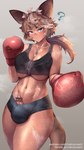 abs animal_ears big_breasts blue_eyes boxing_gloves breast_squish breasts censor_bar clothing confusion dog_tags genitals hair handwear intersex looking_at_viewer navel penis penis_poking_out ponytail question_mark scar scars_all_over solo squish thick_thighs under_boob nekoarashi animal_humanoid humanoid kangaroo_humanoid macropod macropod_humanoid mammal mammal_humanoid marsupial marsupial_humanoid 9:16