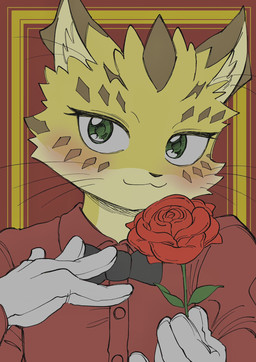 anthro black_bow_tie blush bow_tie clothing collared_shirt dress_shirt flower fur gloves green_body handwear looking_at_viewer male markings plant red_clothing red_shirt red_topwear rose_(flower) shirt solo spots spotted_body spotted_fur topwear white_clothing white_gloves white_handwear yellow_body yellow_fur young young_anthro syousinman lifewonders tokyo_afterschool_summoners ose_(tas) felid leopard mammal pantherine hi_res