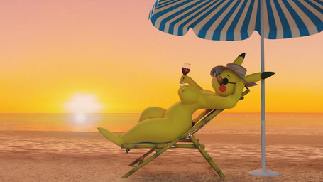 alcohol anthro beach beach_chair beverage breasts clothing eyewear female glasses hat headgear headwear looking_at_viewer lying nipples nude sea seaside solo sunset umbrella water wine yellow_nipples nocht nintendo pokemon generation_1_pokemon pikachu pokemon_(species) 2022 3d_(artwork) absurd_res blender_(artwork) digital_media_(artwork) hi_res