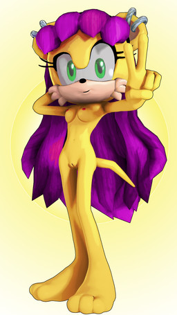 anthro barefoot breasts ear_piercing feet female fur genitals gesture green_eyes hair hand_gesture looking_at_viewer medium_breasts nipples nude piercing purple_hair simple_background solo tail v_sign vulva yellow_background yellow_body yellow_fur rarequinez archie_comics sega sonic_the_hedgehog_(archie) sonic_the_hedgehog_(comics) sonic_the_hedgehog_(series) mina_mongoose herpestid mammal mongoose 2023 3d_(artwork) digital_media_(artwork) hi_res source_filmmaker_(artwork)