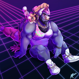 5_fingers anthro barazoku beard black_body black_claws black_fur black_hair blowing_bubble_gum body_hair bottomwear bracelet brown_hair bubble bubble_gum candy chain_jewelry chain_necklace chest_hair claws clothing dessert duo ear_piercing ear_ring eyebrows facial_hair facial_piercing fingers food footwear fur grey_body grey_fur gum hair horn humanoid_hands inflating jewelry looking_at_viewer male male/male muscular muscular_anthro muscular_male necklace nipple_outline nipple_piercing nipple_ring nipples nose_piercing nose_ring orange_body orange_eyes orange_fur pants piercing pink_hair pink_nose plantigrade ring ring_piercing shirt shoes shorts sitting sneakers striped_body striped_fur stripes synthwave t-shirt tank_top thick_eyebrows tight_clothing topwear torn_bottomwear torn_clothing torn_pants white_body white_fur white_horn rheobear bovid bovine cattle felid mammal pantherine tiger 2019 hi_res