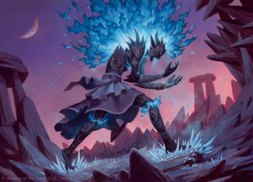 ambiguous_gender blue_body clothing dutch_angle evening humanoid_pointy_ears ice magic moon not_furry open_mouth outside pointy_ears rock solo standing caraid hasbro magic:_the_gathering wizards_of_the_coast ashling_(magic:_the_gathering) elemental_creature elemental_humanoid humanoid ice_creature mineral_fauna 2026 official_art female_(lore)
