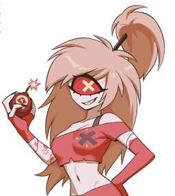 bangs bra_strap cartoon_freckles clothed clothing cocked_hip crotch_lines eyelashes female freckled_face freckles hand_on_hip holding_bomb long_eyelashes navel not_furry simple_background solo white_background enaic31 hazbin_hotel hellaverse cherri_bomb_(hazbin_hotel) cyclops demon demon_humanoid humanoid hi_res