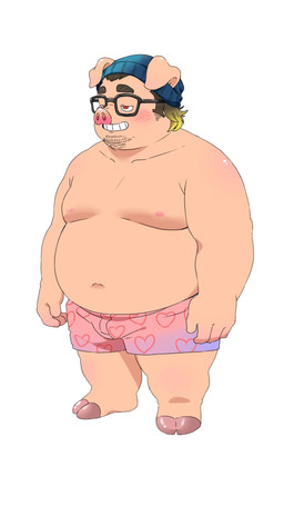 4_fingers anthro belly big_belly blush clothing eyewear fingers glasses hat headgear headwear humanoid_hands kemono male moobs nipples overweight overweight_male pink_body simple_background solo standing underwear white_background inunoshippo domestic_pig mammal suid suine sus_(pig) 2026 9:16 hi_res