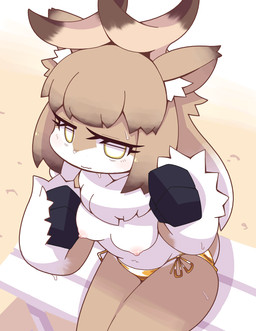 2_horns anthro antlers areola arm_tuft bench bikini bikini_bottom bikini_bottom_only biped bodily_fluids breasts brown_body brown_ears brown_fur brown_hair chest_tuft clothed clothing empty_eyes eyelashes female female_anthro fur fur_tuft gold_bikini gold_bikini_bottom hair high-angle_view horn inner_ear_fluff looking_at_viewer looking_up looking_up_at_viewer medium_breasts mostly_nude mostly_nude_anthro mostly_nude_female navel neck_tuft nipples on_bench pink_areola pink_nipples pupils sitting sitting_on_bench slim slim_anthro slim_female solo sweat swimwear thick_thighs topless topless_anthro topless_female tuft two-piece_swimsuit wavy_mouth white_body white_fur white_inner_ear_fluff white_nose white_pupils white_tuft crepix golden_week deer mammal new_world_deer reindeer 2025 digital_drawing_(artwork) digital_media_(artwork) shaded soft_shading