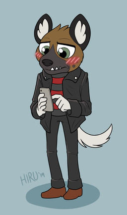 anthro arms_bent big_eyes blush blush_lines bottomwear cellphone clothed clothing electronics exposed_teeth footwear jacket leather leather_clothing leather_jacket leather_topwear legs_together male multicolored_clothing multicolored_shirt multicolored_topwear open_clothing open_topwear pants pattern_clothing pattern_shirt pattern_topwear phone red_clothing red_shirt red_topwear shirt shoes solo standing straight_legs striped_clothing striped_shirt striped_topwear stripes teeth topwear underbite hirurux aggretsuko sanrio haida_(aggretsuko) hyena mammal spotted_hyena 2019 absurd_res hi_res