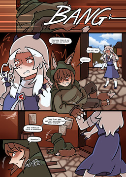 animal_ears brown_hair clawed_hands clothed clothing dialogue female green_eyes hair horn male monster_girl_(genre) outside red_eyes simple_background text white_hair shriekingmagpie horned_humanoid humanoid comic digital_media_(artwork) english_text hi_res