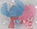 antennae_(anatomy) blue_body blue_fur blue_nose canon_couple clothing duo eyelashes eyes_closed female fur long_antennae male mostly_nude notched_ear pattern_clothing pattern_scarf pink_body pink_nose red_scarf scarf scarf_only snow snowing striped_clothing striped_scarf stripes doverstar disney lilo_and_stitch angel_(lilo_and_stitch) stitch_(lilo_and_stitch) alien experiment_(lilo_and_stitch) 2023 digital_drawing_(artwork) digital_media_(artwork) hi_res restricted_palette sketch