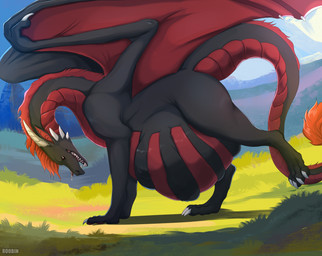 ambiguous_feral ambiguous_gender belly big_belly black_body black_tail feral grass huge_belly long_neck mane membrane_(anatomy) membranous_wings open_mouth outside plant red_body red_eyes red_mane red_tail red_wings side_view solo spread_plates tail tail_tuft text tuft vore wings roobin mythology dragon mythological_creature mythological_scalie scalie 2024 artist_name hi_res