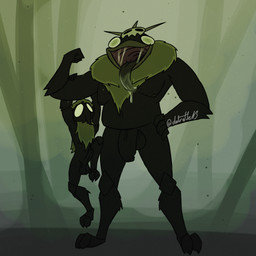 2_fingers 5_fingers anthro balls big_balls big_penis black_body bodily_fluids bone duo erection fingers fur genitals green_body green_fur male male/male nipples overweight penis saliva size_difference tongue detrefle13 hollow_knight:_silksong hollow_knight_(franchise) team_cherry groal_the_great arthropod humanoid hi_res