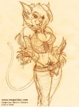 anthro belt bottomwear clothing collar denim denim_bottomwear denim_clothing female hair jeans long_hair looking_at_viewer pants solo tail text magolobo domestic_cat felid feline felis mammal 2005 monochrome sepia sketch url