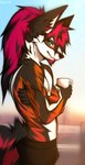 anthro coffee_mug facial_hair femboy goatee hair male red_hair solo devilmilk kira_kathell psychofuchs canid canine fox hybrid mammal hi_res