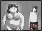 angry anthro boxers_(clothing) breasts clothing cross-popping_vein female genitals humor male mostly_nude nipples overweight overweight_anthro overweight_female pussy shitpost smile underwear undressing oxkingky deltarune garfield_(series) undertale_(series) catti_(deltarune) kris_(deltarune) domestic_cat felid feline felis human mammal 2024 meme sketch