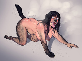 all_fours asymmetrical_transformation big_nipples black_body black_fur bodily_fluids breasts butt drooling female fur growth hand_transformation human_to_feral kneeling lactating nightmare_fuel nipples nude pawpads paws saliva shedding snout snout_growth solo species_transformation tail tail_growth tongue tongue_out transformation momspits ngmi naruto hinata_hyuga canid canine canis domestic_dog human mammal 2026