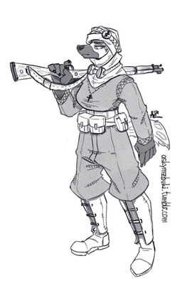 anthro belt belt_pouch boots clothing coat eyebrows eyewear footwear goggles gun holding_gun holding_object holding_ranged_weapon holding_weapon jewelry looking_forward male military necklace ranged_weapon religion shoes soldier solo tail topwear warrior weapon mawkvlt christianity kolya_yeen_(mawkvlt) hyena mammal hi_res monochrome