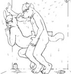 against_surface against_wall anthro blush breath buckteeth drain duo grabbing_hips hand_on_wall leaning_against_wall male male/male nude panting sex shampoo_bottle short_tail shower shower_sex simple_background soap standing tail teeth water wet white_background p_rindustries canid canine canis domestic_dog lagomorph leporid mammal rabbit hi_res monochrome