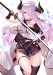 big_breasts blue_eyes bottomless breasts clothed clothing female hair hair_over_eye horn humanoid_pointy_ears melee_weapon one_eye_obstructed pink_hair pointy_ears side_boob sword weapon an_yasuri cygames granblue_fantasy narmaya arthropod butterfly draph horned_humanoid humanoid insect lepidopteran mammal 2020 absurd_res hi_res