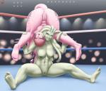 anthro anus bald big_breasts breasts casual_nudity duo eyes_closed feet female genitals green_body green_hair green_lips green_skin hair hindpaw horn inside lips monster_girl_(genre) navel nipples non-mammal_breasts nude nude_fight nude_wrestling open_mouth paws pink_body pink_nipples pink_skin pseudo_hair pubes pussy scar sitting spread_legs spreading teeth tentacle_hair tentacles wrestling lvl dinosaur monster prehistoric_species reptile scalie 2015 absurd_res hi_res