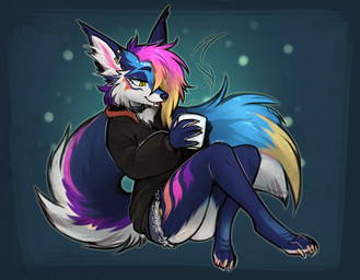 anthro big_ears big_tail bottomwear clothing container cozy cup female fluffy fluffy_ears fluffy_tail green_eyes holding_container holding_cup holding_mug holding_object hoodie mug paws shorts solo tail topwear lonerdemiurge canid canine fox mammal absurd_res hi_res