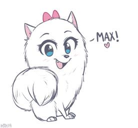 black_nose blue_eyes bow_ribbon fangs female feral fur pink_bow pink_inner_ear solo teeth toony white_body white_ears white_fur higglytownhero illumination_entertainment the_secret_life_of_pets gidget_(the_secret_life_of_pets) canid canine canis domestic_dog mammal pomeranian spitz