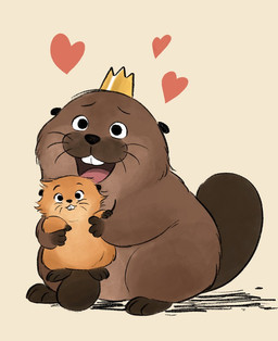 aged_down ambiguous_gender anthro brown_body brown_fur brown_tail buckteeth crown duo featureless_crotch feral fur gold_crown headgear heart_symbol lifting_another mouth_closed nude open_mouth paws simple_background size_difference smile standing tail teeth whiskers yellow_background young young_feral rayaloverbutler disney hoppers_(disney) pixar king_george_(hoppers) mabel_tanaka beaver mammal rodent korean_description translated_description