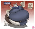 anthro ascot bandage belly belt big_belly bottomwear claws clothed clothing dialogue dumplings ear_piercing fangs female food fur half-closed_eyes holding_food holding_object morbidly_obese morbidly_obese_anthro morbidly_obese_female narrowed_eyes obese obese_anthro obese_female open_mouth overweight overweight_anthro overweight_female pants piercing poster shirt solo speech_bubble teeth text tiptoes toe_claws tongue topwear torn_clothing whiskers dino.d.dice dreamworks kung_fu_panda zhen_(kung_fu_panda) canid canine corsac_fox fox mammal true_fox 2023 english_text hi_res signature