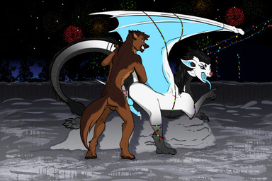 anal anal_penetration animal_genitalia animal_penis anthro anthro_on_feral anthro_penetrating anthro_penetrating_feral anus balls bdsm bestiality bodily_fluids bound butt christmas_decorations christmas_lights duo erection feet feral feral_penetrated fingers fireworks from_behind_position fur genital_fluids genitals holding_tail holidays horn knot knotted_penis leaking_precum looking_back male male/male male_penetrated male_penetrating male_penetrating_male membrane_(anatomy) membranous_wings night nude open_mouth outdoor_nudity outside outside_sex penetration penile penile_penetration penis plant precum sex smile standing standing_sex tail teeth toes tongue tree wings zafara_(artist) christmas mythology new_year canid canine canis domestic_dog dragon mammal mythological_creature mythological_scalie scalie digital_media_(artwork) hi_res