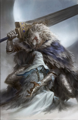4_arms 5_fingers anthro armor black_body black_fur black_nose blue_body blue_eyes blue_skin claws clothing fingers fur hair hat headgear headwear holding_melee_weapon holding_object holding_sword holding_weapon humanoid_hands long_hair melee_weapon multi_arm multi_limb sword weapon witch_hat raypier elden_ring fromsoftware blaidd_(elden_ring) ranni_the_witch canid canine canis humanoid mammal wolf hi_res