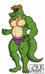 anthro belly biceps body_hair claws clothed clothing eyebrows happy_trail hat headgear headwear male mischievous_smile musclegut muscular muscular_thighs newsboy_cap pecs raised_eyebrow solo speedo speedo_only swimwear topless serak_claw alligator alligatorid crocodilian reptile scalie hi_res