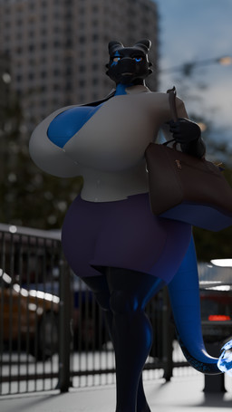 2_horns 5_fingers anthro big_breasts black_body black_scales blue_body blue_bottomwear blue_clothing blue_eyes blue_scales blue_shorts bottomwear breasts city claws cleavage clothed clothing collared_shirt curvy_figure dress_shirt female finger_claws fingers handbag horn huge_breasts huge_thighs long_tail multicolored_body multicolored_scales outside scales sharp_teeth shirt shorts solo tail teeth thick_thighs topwear two_tone_body two_tone_scales voluptuous voluptuous_anthro voluptuous_female wide_hipped_anthro wide_hipped_female wide_hips atoastedorange morethreedee_(modeler) mythology nightshade_(dragonofdarkness1992) dragon mythological_creature mythological_scalie scalie 2025 3d_(artwork) 9:16 blender_(artwork) digital_media_(artwork) hi_res