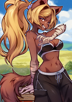 accessory anthro biped blonde_hair breasts brown_body brown_fur brown_tail claws clothed clothed_anthro clothed_female clothing female female_anthro fingers front_view fur hair hair_accessory hair_tie long_hair looking_at_viewer navel ponytail solo standing tail teeth coffeechicken sasa_(coffeechicken) brown_hyena hyena mammal 2026 digital_drawing_(artwork) digital_media_(artwork) hi_res