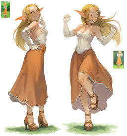 accessory armwear blep blonde_hair bow_ribbon breasts choker clothing collarbone dress elbow_gloves eyebrows eyelashes eyes_closed feet female footwear freckled_face freckles gloves green_eyes hair hair_accessory hair_bow hair_ribbon hand_on_hip handwear high_heeled_sandals high_heels humanoid_pointy_ears jewelry necklace not_furry pointy_ears ribbons sandals shoes smile solo tongue tongue_out cheshirrr ankama wakfu evangelyne_(wakfu) cra elf humanoid 2026 hi_res