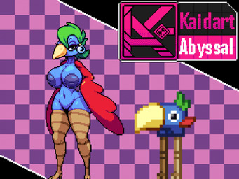 anthro anthrofied areola avian_feet big_breasts black_eyes blue_body blue_feathers breasts brown_body brown_scales checkered checkered_background ear_piercing eyelashes feathered_wings feathers female green_hair hair huge_breasts inverted_nipples mohawk navel nipples nude pattern_background piercing purple_areola purple_background purple_nipples red_body red_feathers scales simple_background solo wide_hips wings kaidart_abyssal chucklefish starbound avian bird toumingo 2025 digital_media_(artwork) full-length_portrait hi_res pixel_(artwork) portrait reference_image