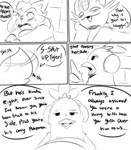 anthro blush crossed_arms dialogue earmuffs embarrassed female flustered group looking_up male scarf smug smug_face tail tail_motion tailwag text trio wall_(structure) spicykiwi nintendo pokemon tulip_(spicykiwi) tyler_(spicykiwi) combusken floragato generation_1_pokemon generation_3_pokemon generation_9_pokemon meowth pokemon_(species) absurd_res comic english_text hi_res monochrome story