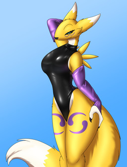 anthro armwear bedroom_eyes big_breasts black_sclera blue_eyes breasts bridal_gauntlets clothing double_tomoe female fluffy fluffy_tail fur leotard looking_at_viewer markings multicolored_body multicolored_fur narrowed_eyes one-piece_swimsuit purple_armwear purple_bridal_gauntlets purple_clothing purple_markings seductive solo swimwear tail thick_thighs tomoe_(symbol) white_body white_fur yellow_body yellow_fur koekoek bandai_namco digimon canid canine digimon_(species) mammal renamon 2026 hi_res