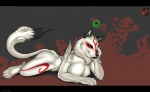 anthro anthrofied big_breasts biped black_bars breast_squish breasts cleavage clothed clothing duo female fur nude simple_background solo_focus squish tail white_body white_fur conditional_dnp scappo capcom clover_studio okami_(capcom) amaterasu_(okami) issun_(okami) canid canine canis deity mammal poncle wolf letterbox