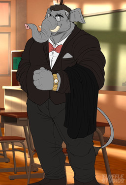 5_fingers anthro big_ears biped book bottomwear bow_tie chalkboard classroom clock clothed clothing collared_shirt desk detailed_background dress_shirt eyebrows eyewear facial_hair fingers footwear formal_wear furniture glasses grey_body grey_skin hair information_board inside jacket looking_at_viewer male mature_anthro mature_male musclegut muscular muscular_anthro muscular_male necktie pants pocket_square pockets pose proboscis_(anatomy) red_necktie round_glasses school shirt shoes slightly_chubby smile solo standing stubble table teacher thick_eyebrows thick_thighs topwear trunk_(anatomy) tusks watch window flufflecraft bartholomew_martins elephant elephantid mammal proboscidean digital_drawing_(artwork) digital_media_(artwork) full-length_portrait hi_res portrait signature watermark