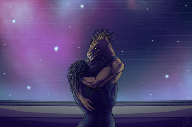 3_fingers anthro arm_quills arm_tuft arms_around_partner arms_around_shoulders beak brown_body brown_feathers cosmic_background duo elbow_tuft feather_hair feathers female fingers green_eyes hug intraspecies larger_male male male/female pseudo_hair pupils quill_hair romantic romantic_couple sharp_teeth size_difference slit_pupils smaller_female smile space space_background star teeth tuft ab_rin halo_(series) microsoft xbox_game_studios cor_zan t'loaki alien avian ibie'shan kig-yar scalie t'vaoan colored hi_res