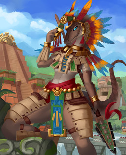 anthro armor aztec big_tail blue_eyes bracelet brown_body brown_scales claws cloud feathers female forest gold_(metal) jewelry jungle kneeling looking_at_viewer mask melee_weapon mesoamerican_architecture midriff plant polearm pyramid scales sky solo spear standing tail temple tree weapon merrunz luthri_(scidragon) lizard reptile scalie absurd_res digital_media_(artwork) hi_res shaded