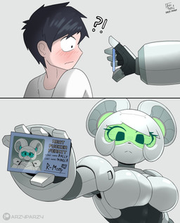 2_panel_comic anthro black_body black_eyes black_hair clothed clothing green_eyes grey_background hair holding_object machine multicolored_body presenting_object shirt simple_background text topwear white_body white_hair arzy_parzy monster_fucker_permit r-mony_(arzy_parzy) human mammal mouse murid murine robot rodent 2026 absurd_res comic english_text hi_res meme