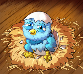 ambiguous_gender beak birth blue_body blue_eyes blue_feathers egg eggshell feathers feet feral floor floorboards fluffy fuzzy glistening glistening_eyes hatching_from_egg hay_nest looking_at_viewer looking_up looking_up_at_viewer neck_tuft neonate nest smile solo talons toes tuft wings yellow_beak young nerosenseiut undertale_yellow martlet_(undertale_yellow) avian bird 2025 absurd_res hi_res female_(lore)