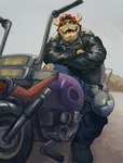 anthro biker boots bottomwear clothed clothing crossed_arms day denim denim_bottomwear denim_clothing eyebrows eyewear footwear hair horn jacket jeans leather leather_clothing leather_jacket leather_topwear looking_at_viewer male motorcycle muscular muscular_anthro muscular_male open_mouth open_smile outside painterly pants shell shoes sitting smile solo sunglasses teeth tongue topwear torn_bottomwear torn_clothing torn_jeans torn_pants vehicle lhjal2 mario_bros nintendo bowser koopa scalie 2025 hi_res