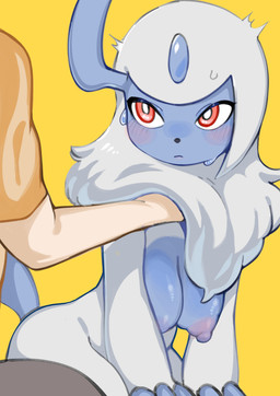 anthro areola black_breasts bodily_fluids breasts chest_tuft claws duo female female_anthro fur hanging_breasts looking_at_another male male/female neck_tuft nipples petting pose purple_areola purple_nipples surprised sweat sweatdrop sweaty_face tuft white_body white_fur oposa nintendo pokemon absol generation_3_pokemon human mammal pokemon_(species) absurd_res colored detailed digital_drawing_(artwork) digital_media_(artwork) hi_res shaded