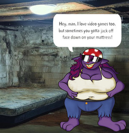 anthro basement belt big_breasts big_feet bodily_fluids bottomwear breasts clothing cosplay denim denim_bottomwear denim_clothing denim_shorts eyewear feet female hair humor jeans kerchief lips lipstick makeup mattress obese overweight overweight_female pants photo_background purple_body purple_hair red_lipstick shirt shorts solo speech_bubble sunglasses sweat sweat_stain sweaty_clothing talking_to_viewer tank_top teeth text topwear yellow_teeth alexis_wasilla donkey_kong_(series) nintendo alexis_wasilla_(alexis_wasilla) funky_kong domestic_cat felid feline felis mammal digital_media_(artwork) english_text firealpaca_(artwork) microsoft_paint_(artwork) mixed_media paint.net_(artwork) photography_(artwork) shaded trans_(lore) trans_woman_(lore)