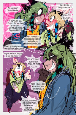 2_panel_comic anthro backpack blonde_hair blood blue_highlights blush blush_lines bodily_fluids bottomwear brown_body brown_fur clothing dialogue duo erection erection_under_clothing flustered footwear fur green_hair hair half-closed_eyes highlights_(coloring) hoodie humor male narrowed_eyes nosebleed open_mouth open_smile pants raccoon_tail_hair shirt shoes shortstack shortstack_male size_difference slightly_chubby slightly_chubby_anthro slightly_chubby_male smile smirk smug smug_face smug_grin sneakers speech_bubble stubble sweatpants t-shirt tan_body tan_fur teasing text tied_ears topwear wide_eyed gat0pussy24 demi_(gat0pussy24) lake_(gat0pussy24) lagomorph leporid mammal procyonid rabbit raccoon comic english_text hi_res nonbinary_(lore)