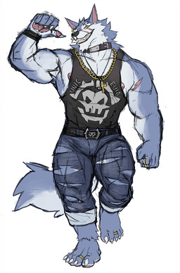 anthro barefoot belt biceps bottomwear claws clothed clothing collar cross cross_necklace denim denim_bottomwear denim_clothing digit_ring fangs feet fur jeans jewelry looking_at_viewer male muscular muscular_anthro muscular_male necklace nipples pants pawpads pecs ring scar shirt simple_background smile solo standing tail tank_top teeth toe_claws toe_ring toes topwear torn_clothing rossciaco dislyte lilith_games freddy_(dislyte) canid canine canis mammal wolf digital_media_(artwork) hi_res