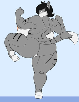 3_toes anthro big_breasts big_butt biped black_hair breasts butt feet female fighting_pose fur genitals grey_body grey_fur hair huge_breasts huge_butt hyper hyper_breasts muscular muscular_anthro muscular_female muscular_thighs nipples pose raised_leg solo thick_thighs toes vulva wide_hips angstrom domestic_cat felid feline felis mammal 2019 character_request digital_media_(artwork) hi_res