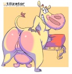 anthro anus big_butt bovid bovine butt cartoon_network cattle cow_(cow_and_chicken) cow_and_chicken english_text female genitals hooves huge_butt looking_at_viewer looking_back mammal plump_labia presenting presenting_hindquarters pussy raised_tail rear_view solo spread_legs spreading tail tail_anus teats text toony udders utilizator